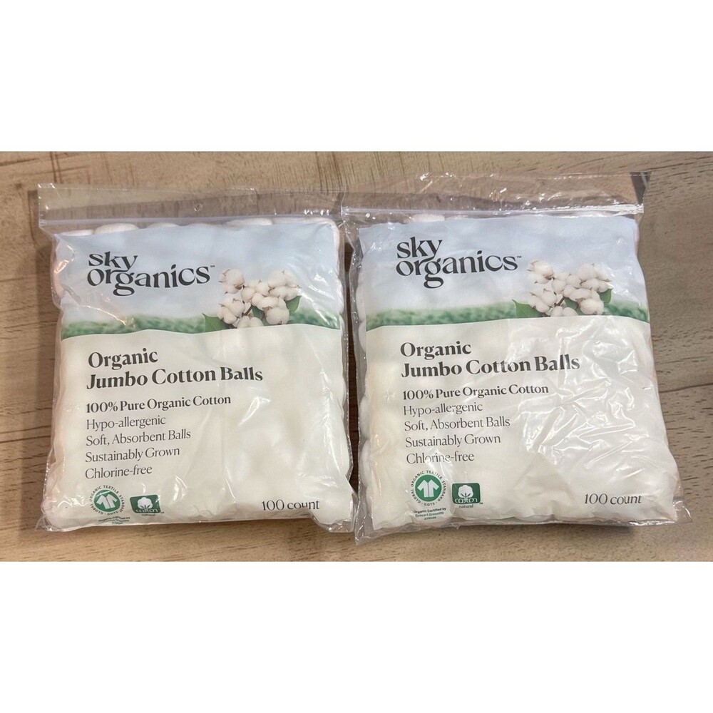 Sky Organics Organic Jumbo Cotton Balls 100 Count Sealed Pure Cotton Lot of 2